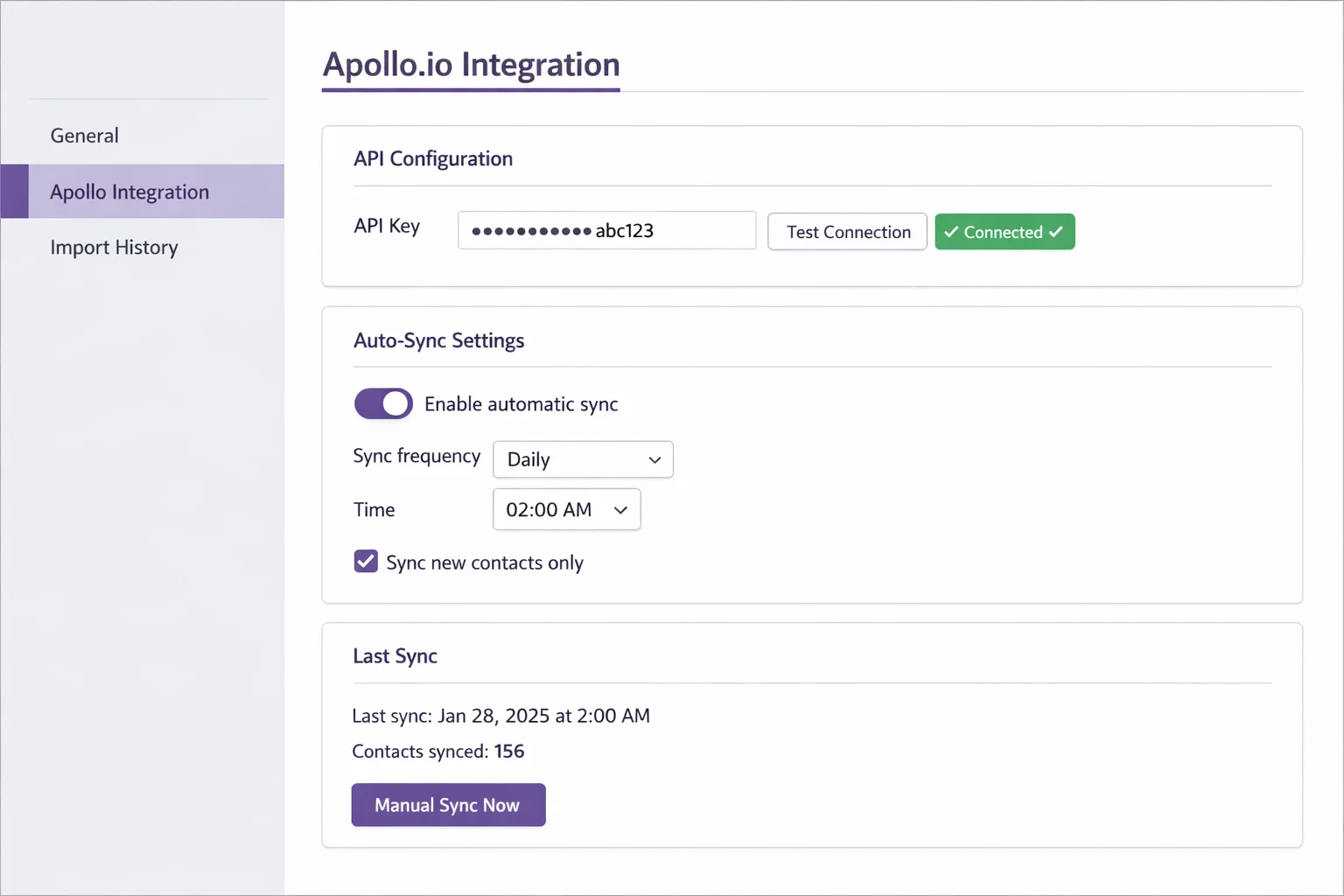 Apollo-Einstellungen in Odoo: API-Key, Verbindungstest, Auto-Sync mit Frequenz und Uhrzeit
