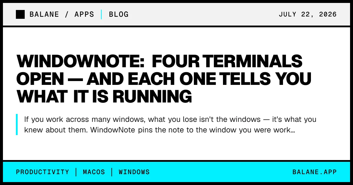 WindowNote: four terminals open — and each one tells you what it is running