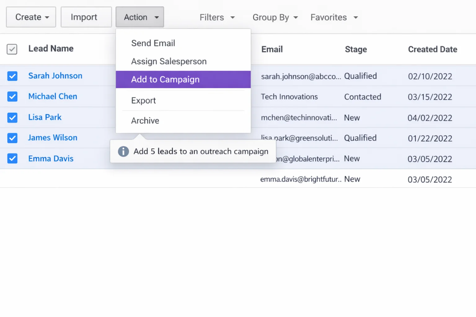 Bulk assignment: five selected leads added to an outreach campaign via the action menu