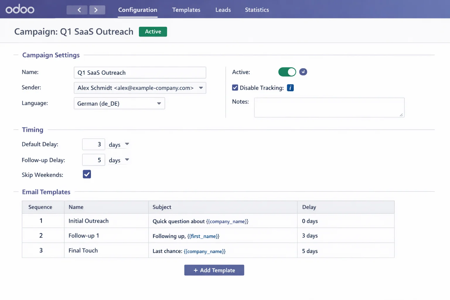 Campaign form: sender, delays, skip weekends, and the template chain with subject lines