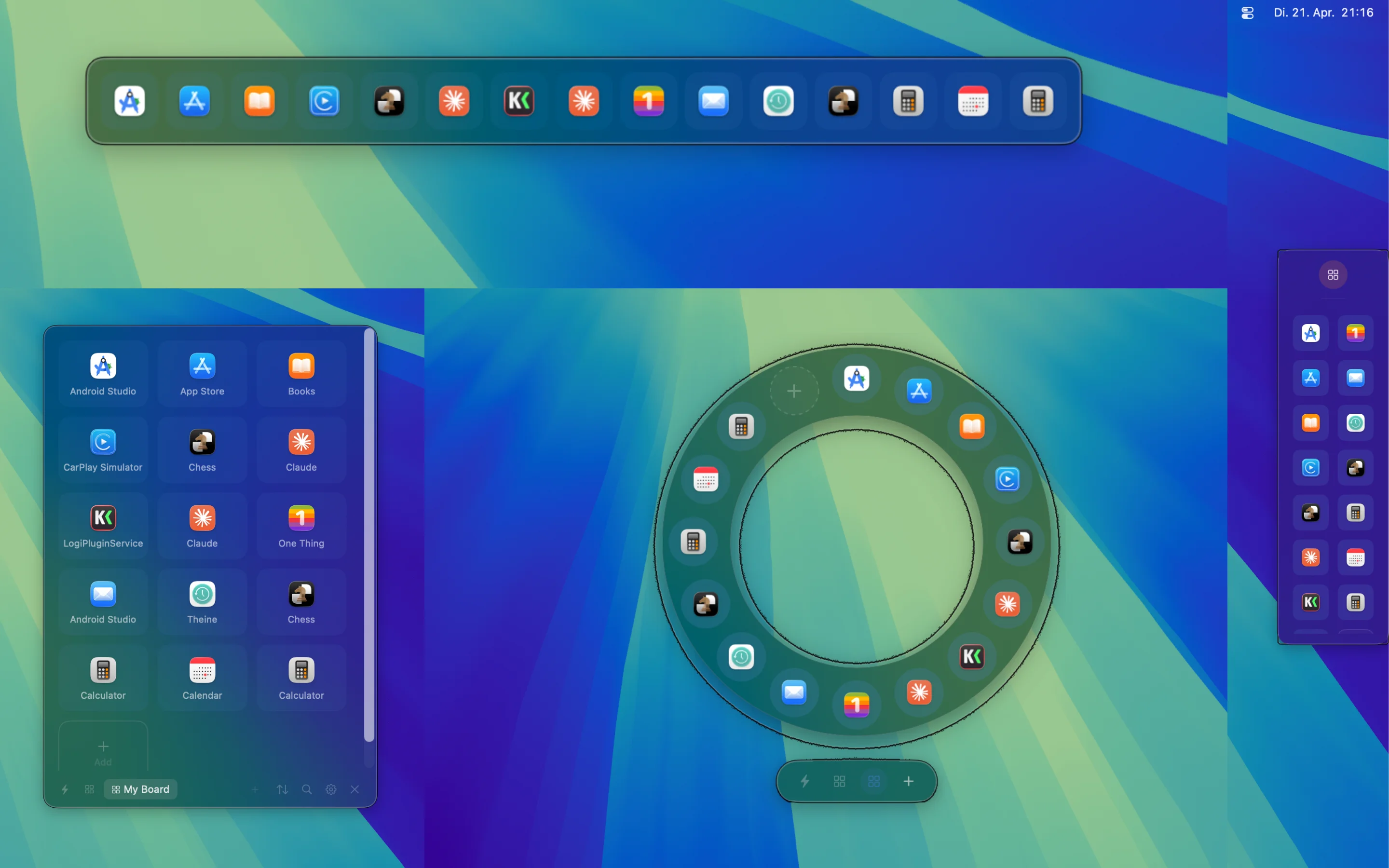 GridBar v1.2 on macOS — the new ring layout in the center, Compact mode at the top, Menu mode on the bottom-left, vertical Compact dock on the right.
