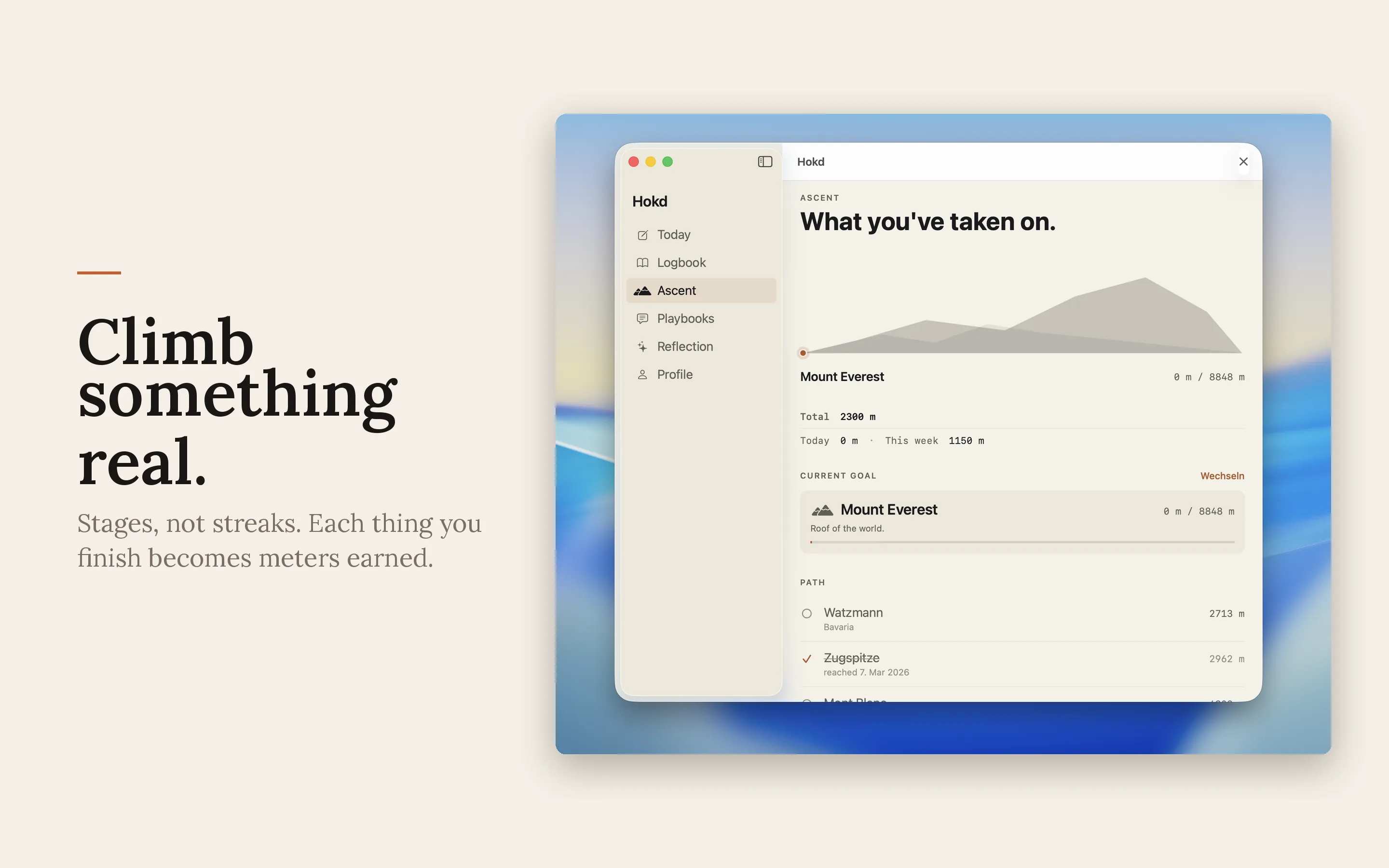 Hokd auf dem Mac — Climb something real. Etappen statt Streaks.