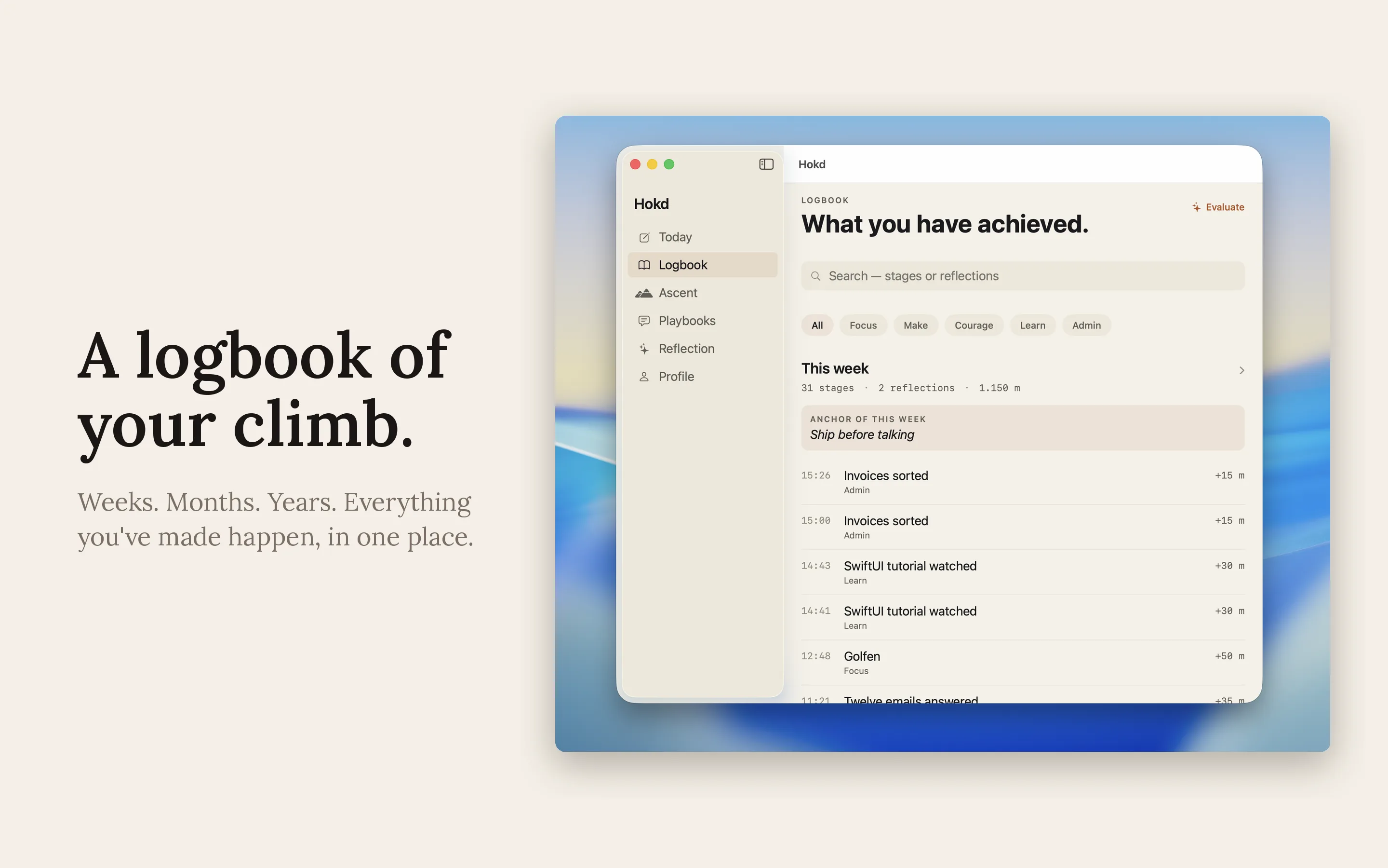 Mac — Logbook of your climb. Verlauf aller Etappen.