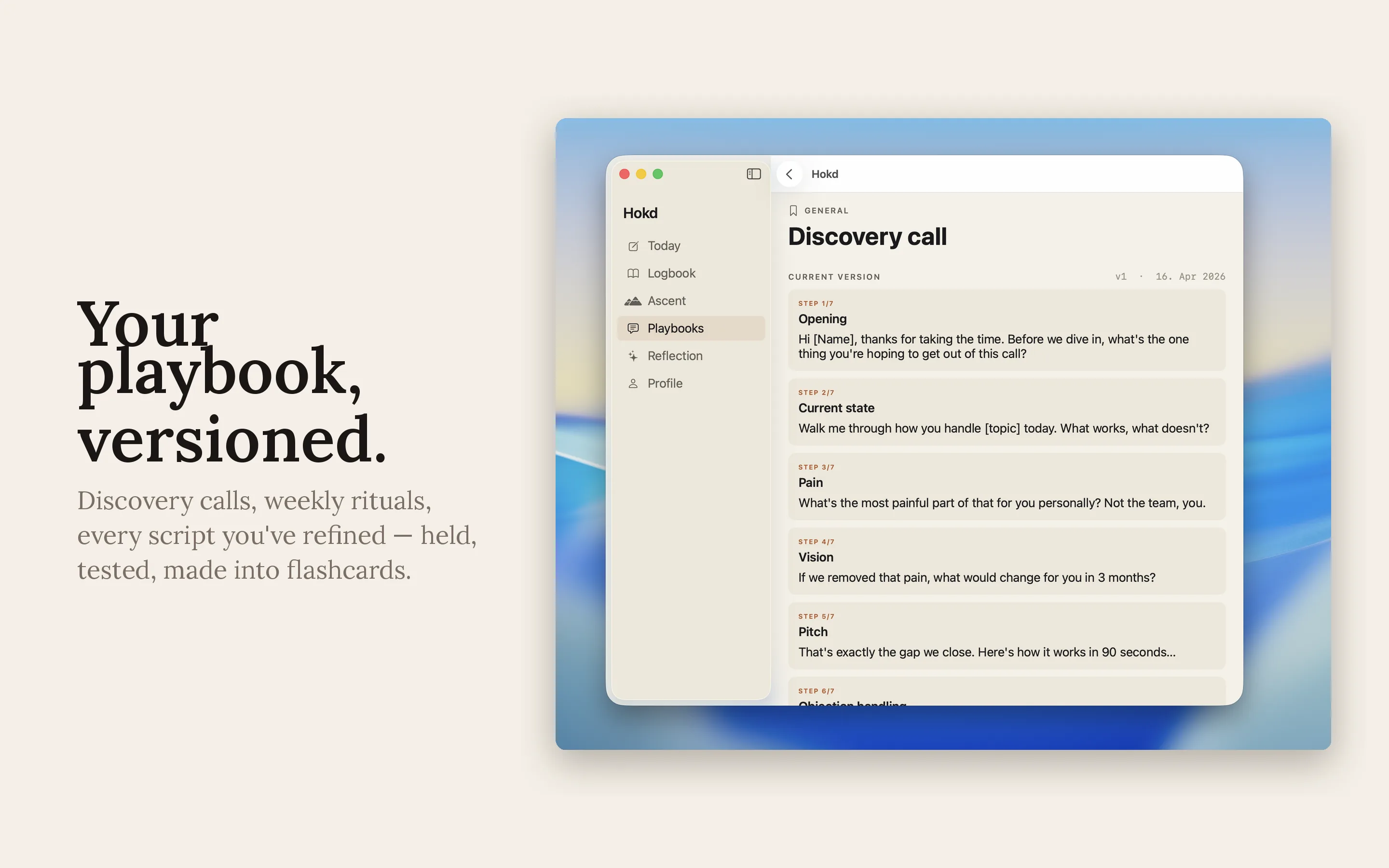 Mac — Your playbook, versioned. Skript-Versionen mit Erfolgs-Tracking.