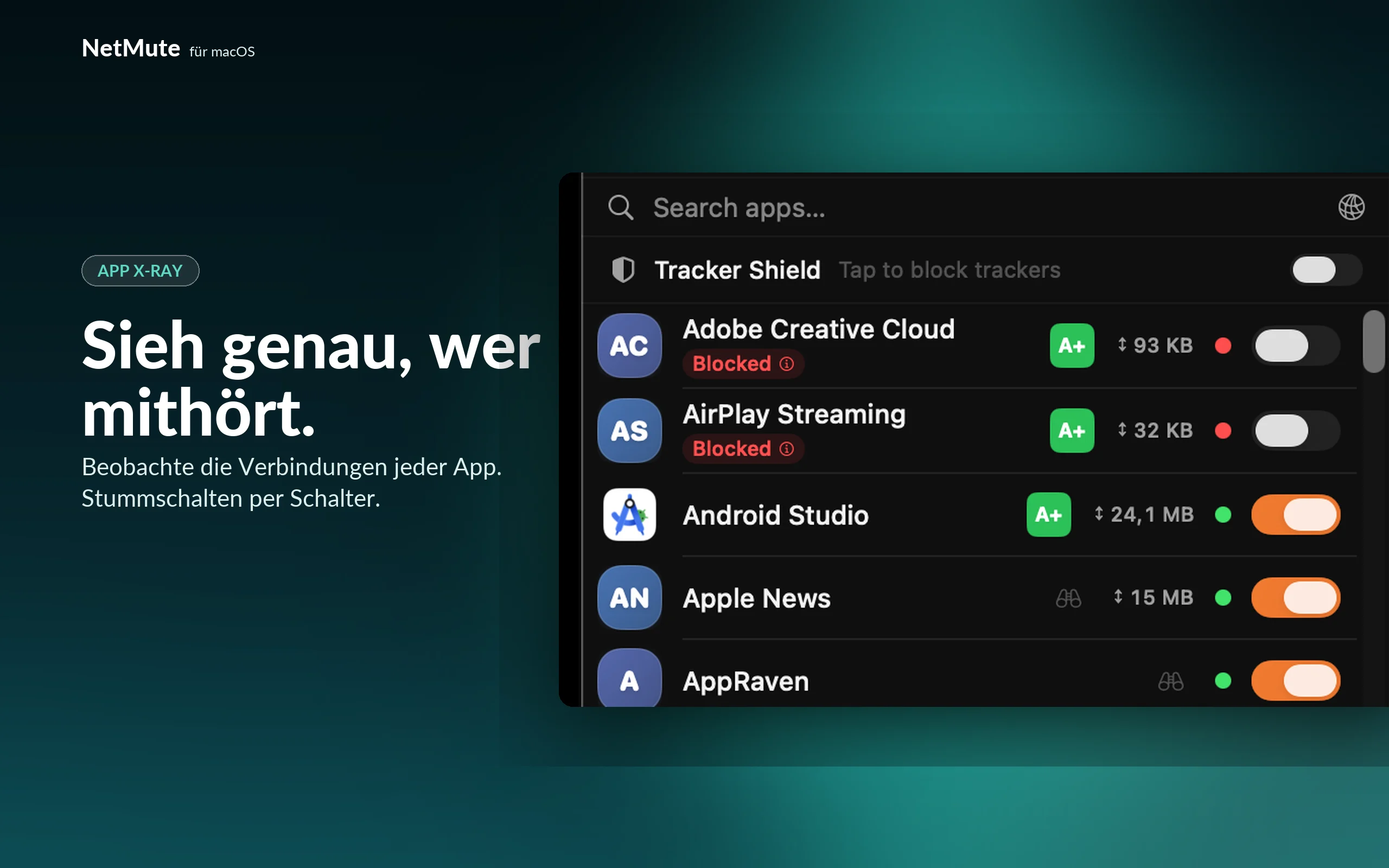 Lesbare Dienst-Namen statt CDN-Kauderwelsch. App X-Ray — lesbare Dienst-Namen, Länderflaggen, Senden und Empfangen pro Domain.