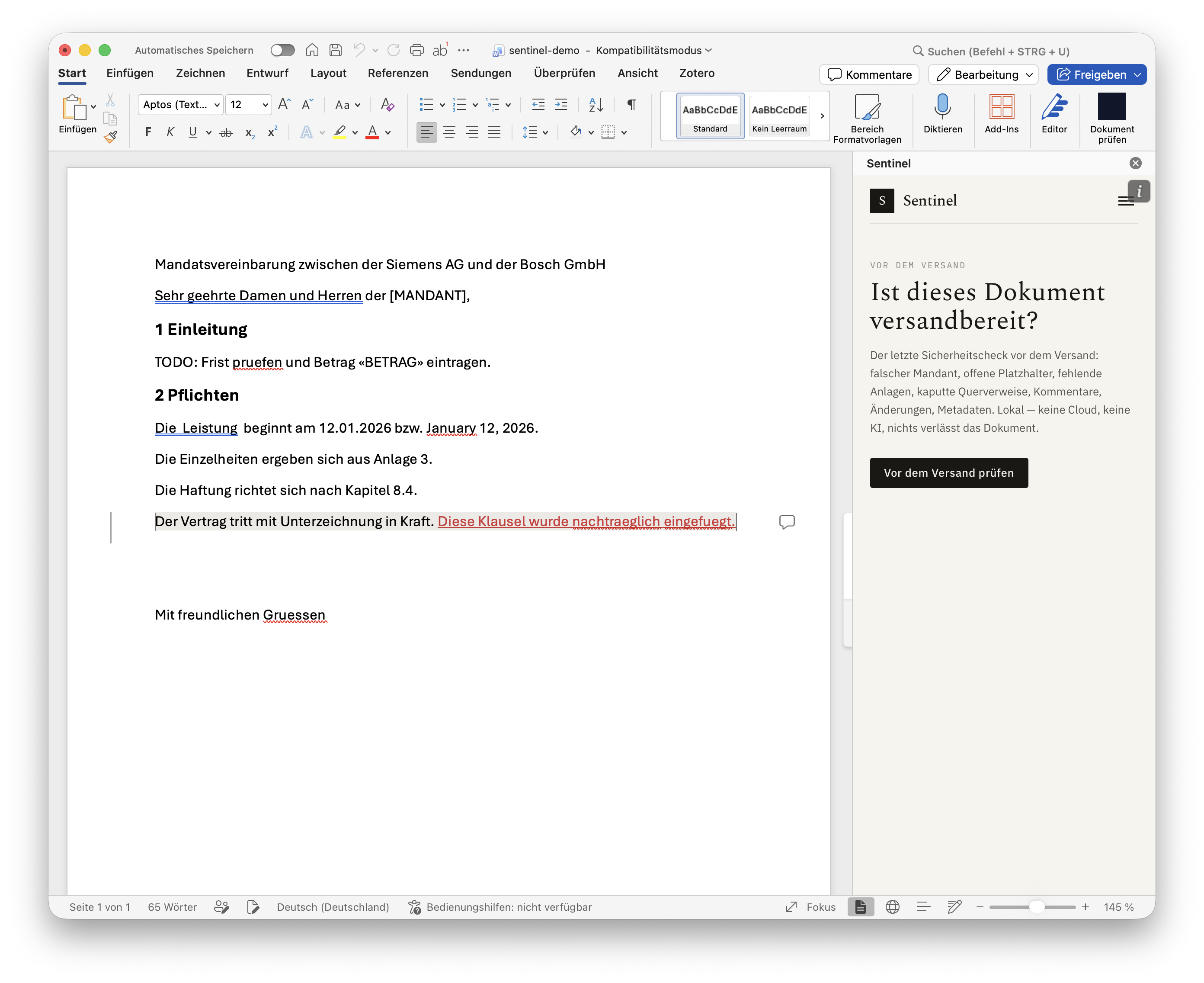 The Second Look im Word-Aufgabenbereich — ein Klick prüft das Dokument vor dem Versand